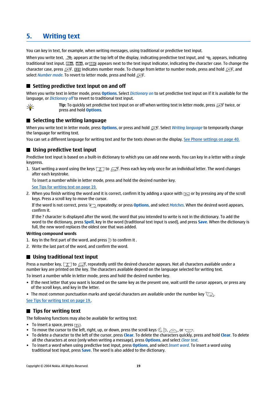 Writing text, Setting predictive text input on and off, Selecting the writing language | Using predictive text input, Using traditional text input, Tips for writing text | Nokia 5140 User Manual | Page 19 / 66