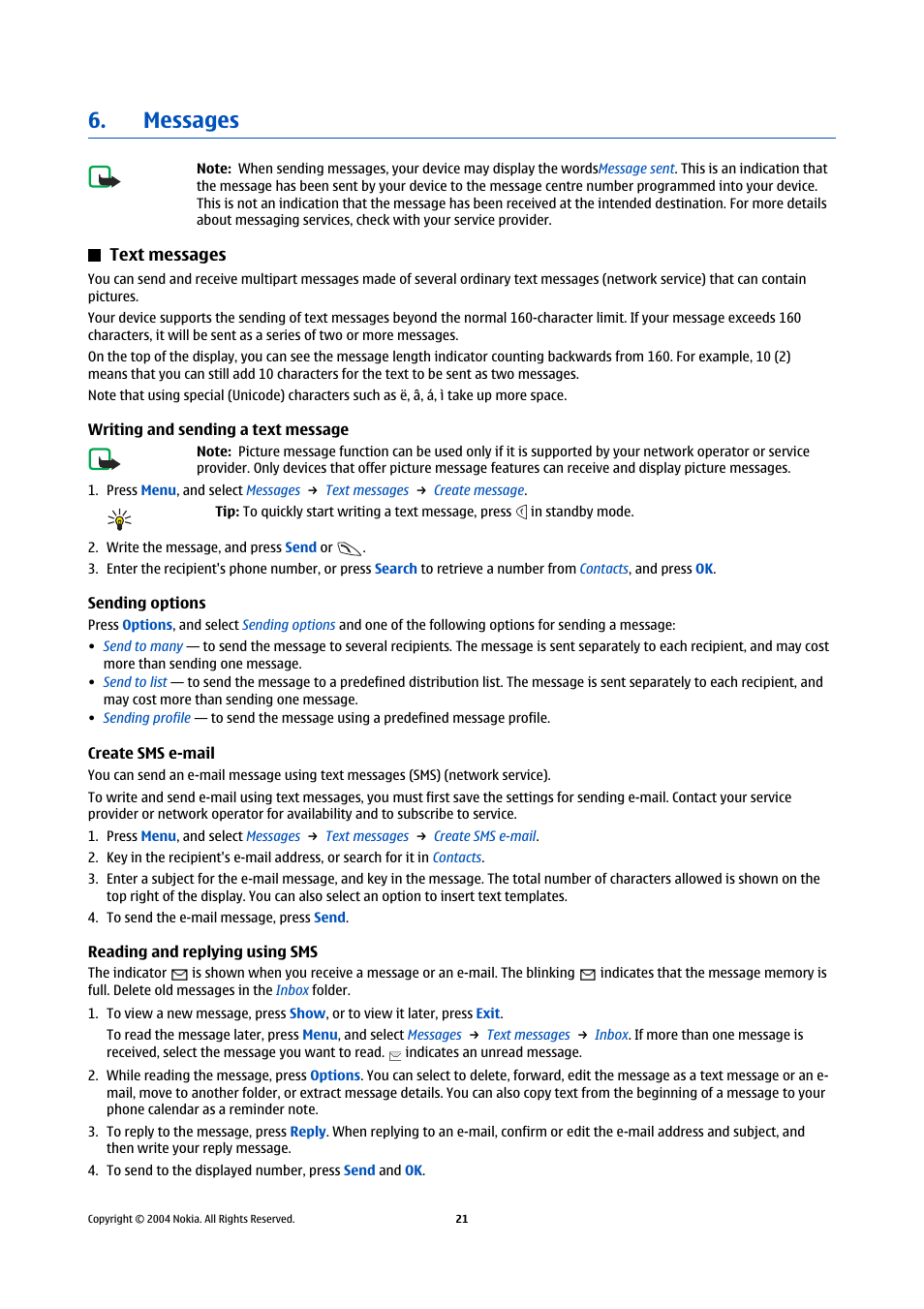 Messages, Text messages, Writing and sending a text message | Sending options, Create sms e-mail, Reading and replying using sms | Nokia 5140 User Manual | Page 21 / 66