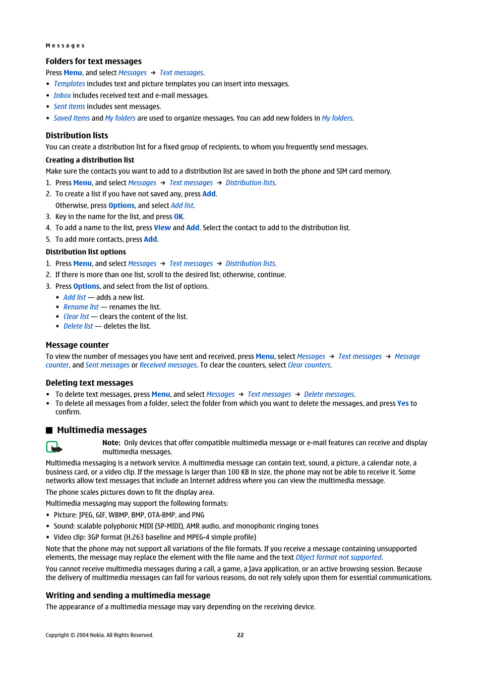 Folders for text messages, Distribution lists, Creating a distribution list | Distribution list options, Message counter, Deleting text messages, Multimedia messages, Writing and sending a multimedia message, Folders for text messages distribution lists, Message counter deleting text messages | Nokia 5140 User Manual | Page 22 / 66