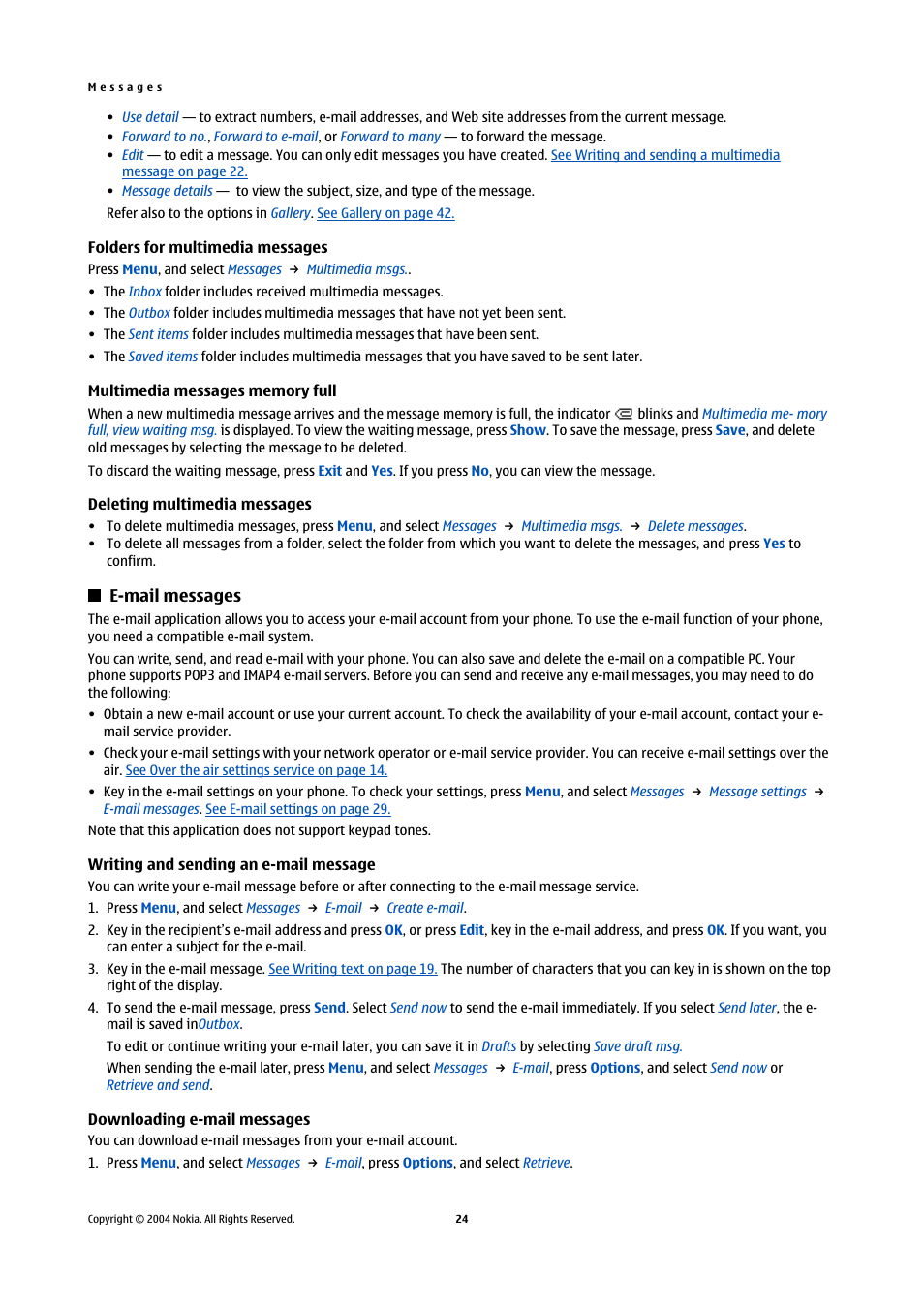Folders for multimedia messages, Multimedia messages memory full, Deleting multimedia messages | E-mail messages, Writing and sending an e-mail message, Downloading e-mail messages, See multimedia messages memory full | Nokia 5140 User Manual | Page 24 / 66