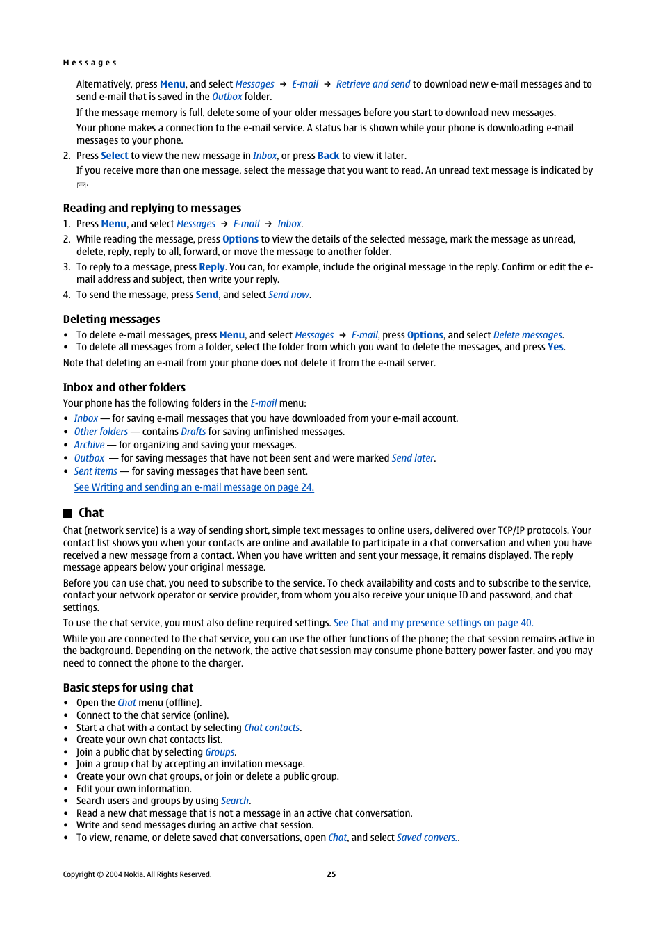 Reading and replying to messages, Deleting messages, Inbox and other folders | Chat, Basic steps for using chat | Nokia 5140 User Manual | Page 25 / 66