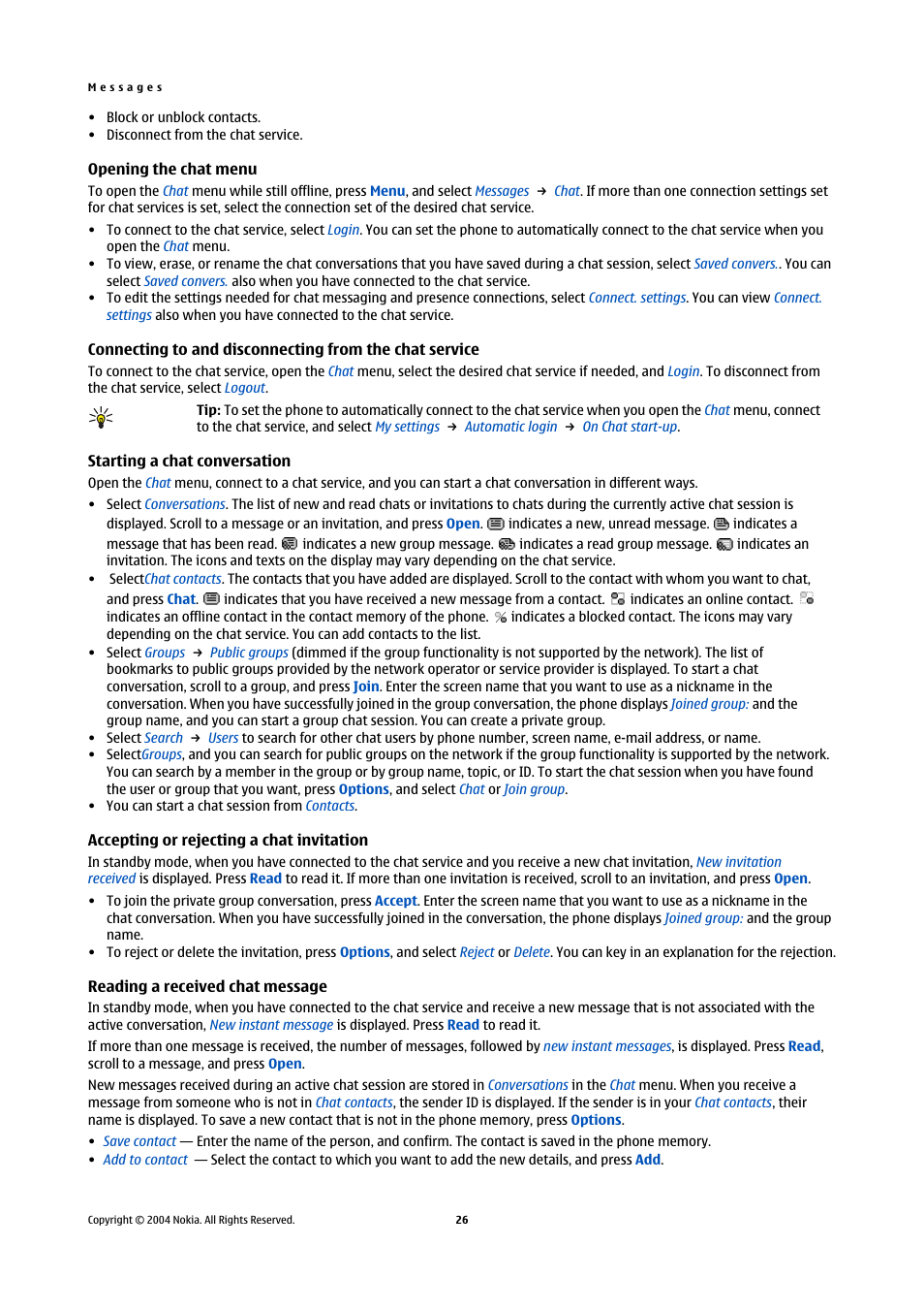 Opening the chat menu, Starting a chat conversation, Accepting or rejecting a chat invitation | Reading a received chat message | Nokia 5140 User Manual | Page 26 / 66