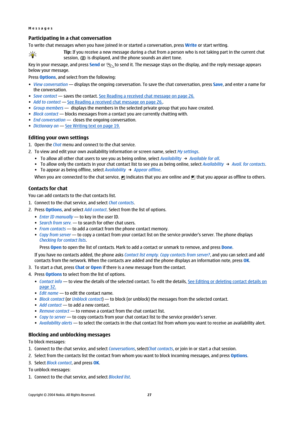 Participating in a chat conversation, Editing your own settings, Contacts for chat | Blocking and unblocking messages | Nokia 5140 User Manual | Page 27 / 66