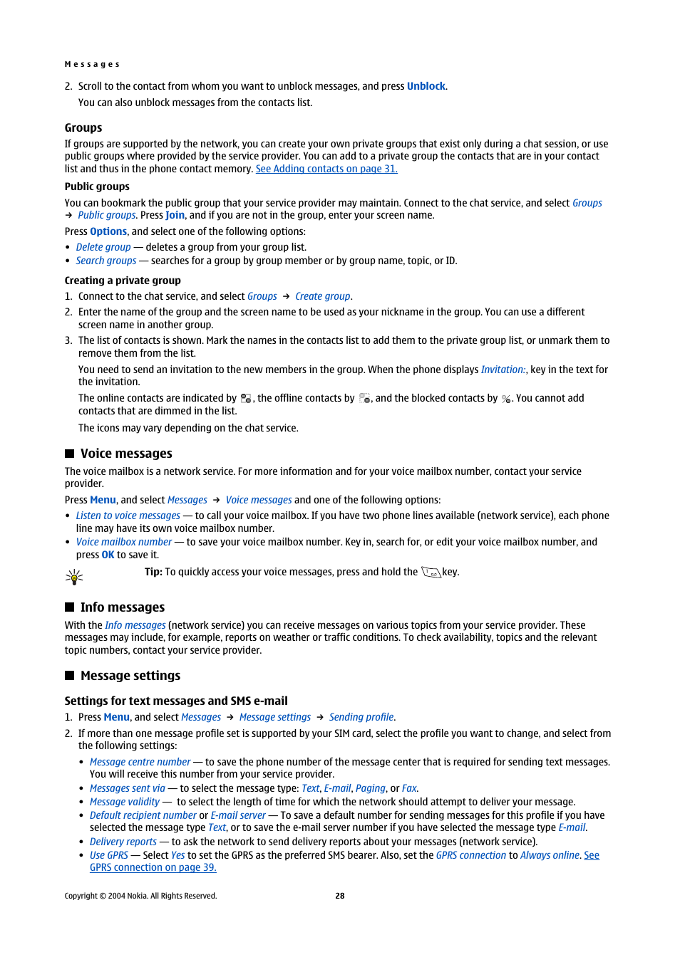 Groups, Public groups, Creating a private group | Voice messages, Info messages, Message settings, Settings for text messages and sms e-mail, Public groups creating a private group, Voice messages info messages message settings | Nokia 5140 User Manual | Page 28 / 66