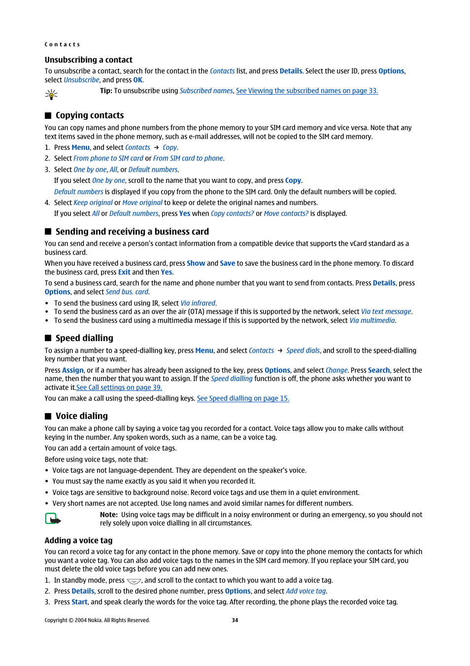 Unsubscribing a contact, Copying contacts, Sending and receiving a business card | Speed dialling, Voice dialing, Adding a voice tag | Nokia 5140 User Manual | Page 34 / 66