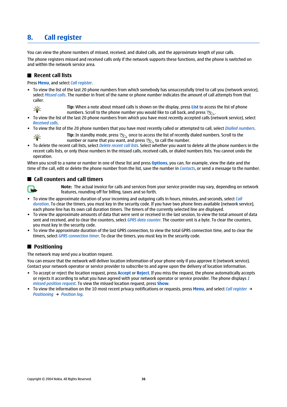 Call register, Recent call lists, Call counters and call timers | Positioning | Nokia 5140 User Manual | Page 36 / 66