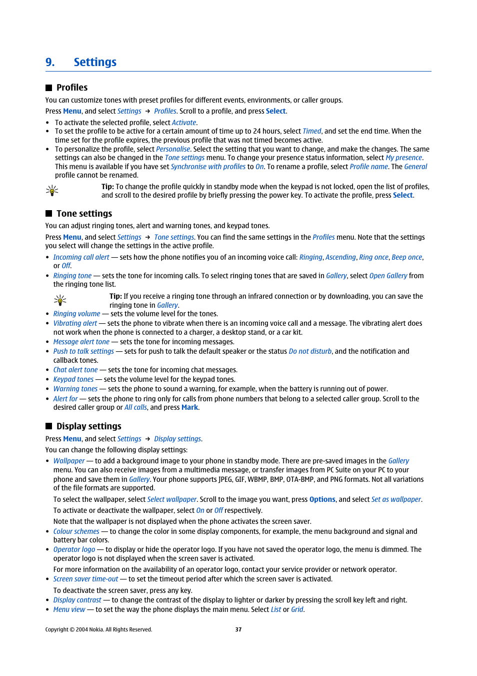 Settings, Profiles, Tone settings | Display settings, Profiles tone settings display settings, Profile | Nokia 5140 User Manual | Page 37 / 66