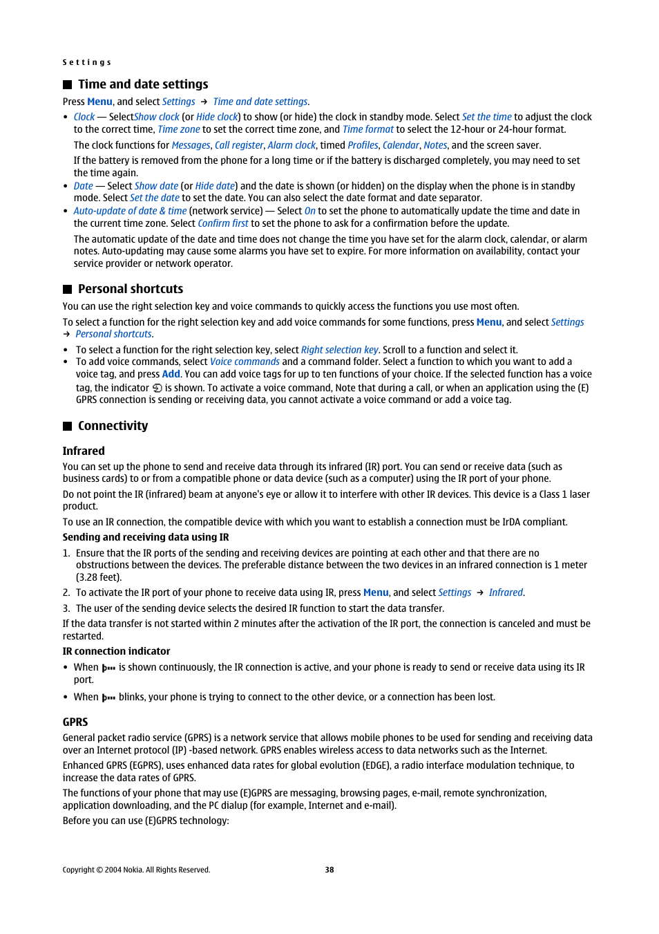 Time and date settings, Personal shortcuts, Connectivity | Infrared, Gprs, Infrared gprs | Nokia 5140 User Manual | Page 38 / 66