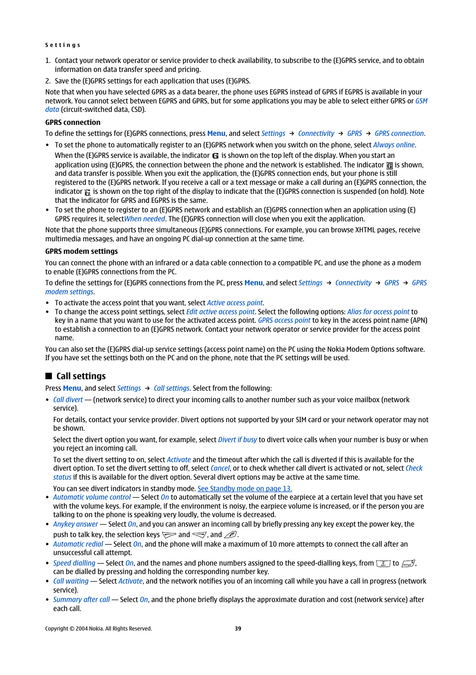 Gprs connection, Gprs modem settings, Call settings | Gprs connection gprs modem settings, The call | Nokia 5140 User Manual | Page 39 / 66