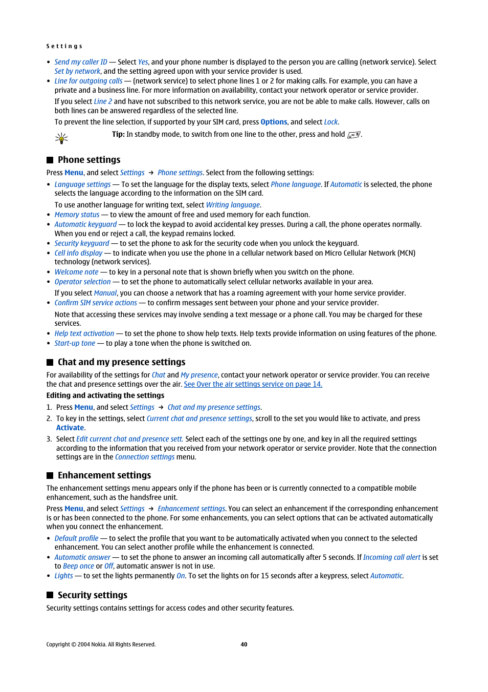 Phone settings, Chat and my presence settings, Enhancement settings | Security settings, See security, You can, The service | Nokia 5140 User Manual | Page 40 / 66