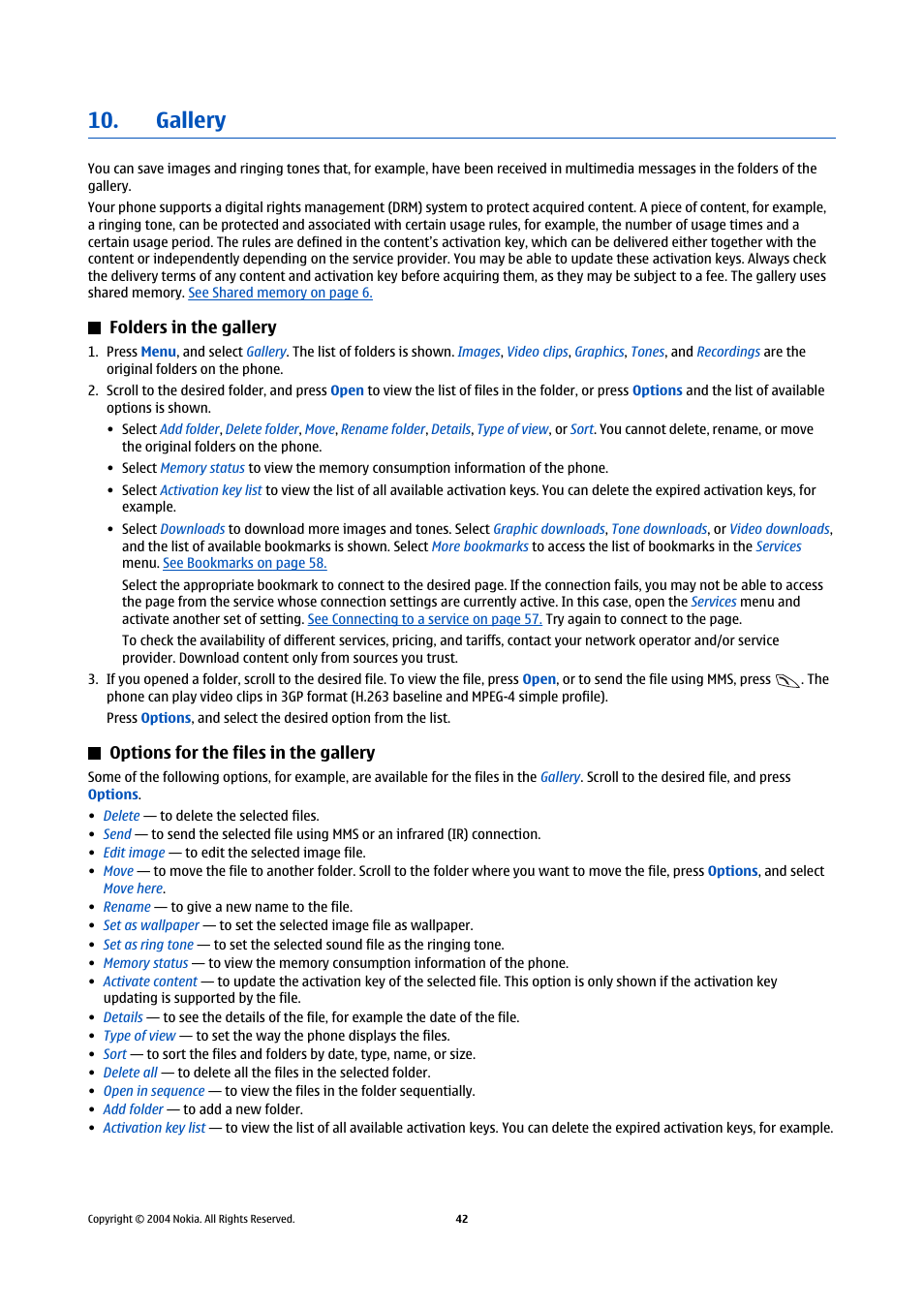 Gallery, Folders in the gallery, Options for the files in the gallery | Nokia 5140 User Manual | Page 42 / 66