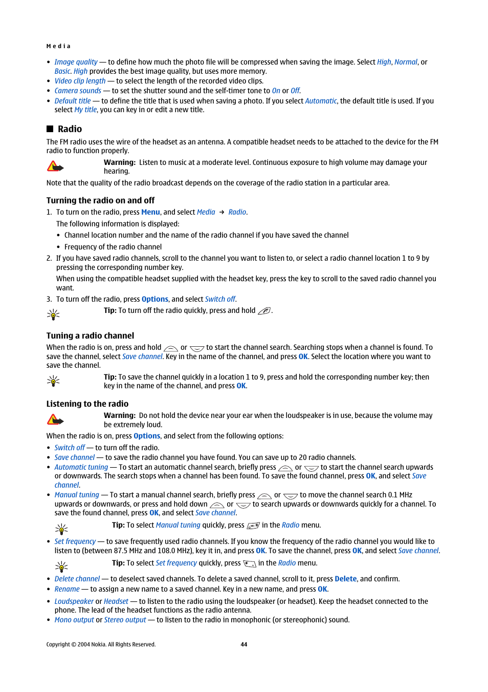 Radio, Turning the radio on and off, Tuning a radio channel | Listening to the radio | Nokia 5140 User Manual | Page 44 / 66