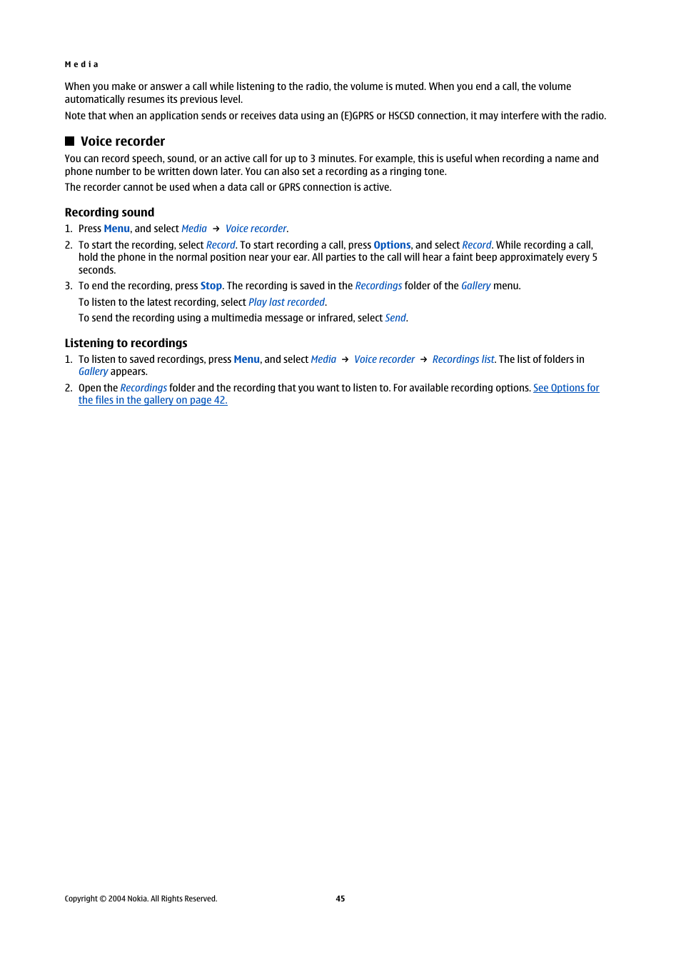 Voice recorder, Recording sound, Listening to recordings | Recording sound listening to recordings | Nokia 5140 User Manual | Page 45 / 66