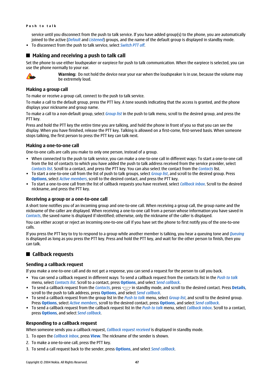 Making and receiving a push to talk call, Making a group call, Making a one-to-one call | Receiving a group or a one-to-one call, Callback requests, Sending a callback request, Responding to a callback request | Nokia 5140 User Manual | Page 47 / 66
