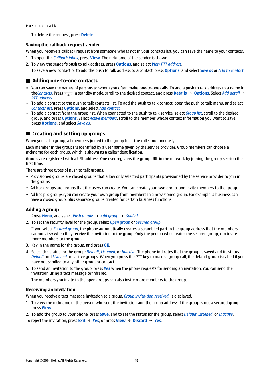 Saving the callback request sender, Adding one-to-one contacts, Creating and setting up groups | Adding a group, Receiving an invitation, Adding a group receiving an invitation | Nokia 5140 User Manual | Page 48 / 66