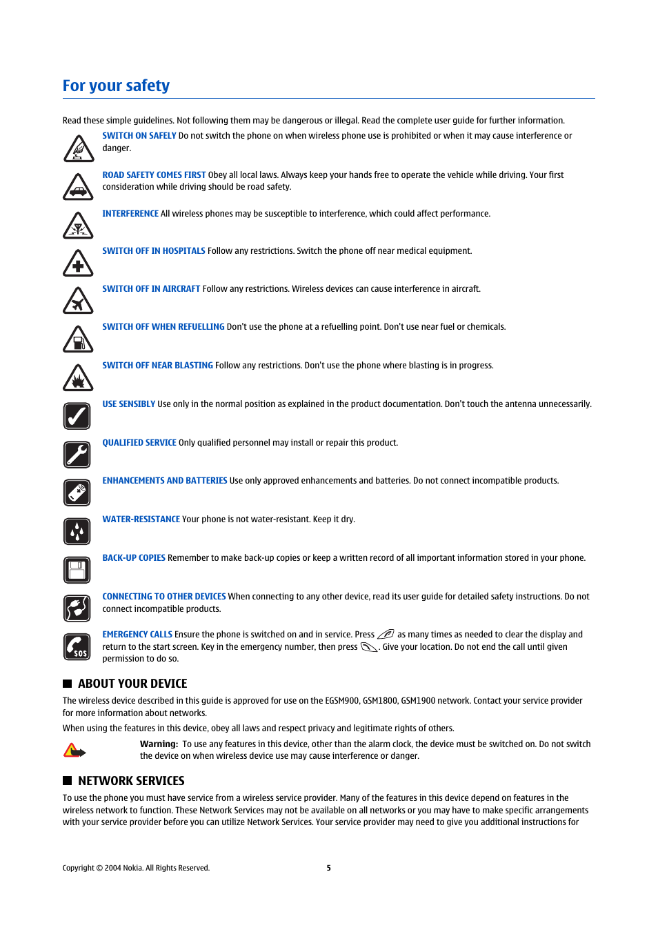 For your safety, About your device, Network services | About your device network services | Nokia 5140 User Manual | Page 5 / 66