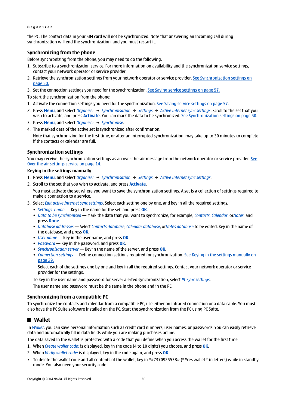 Synchronizing from the phone, Synchronization settings, Synchronizing from a compatible pc | Wallet | Nokia 5140 User Manual | Page 50 / 66