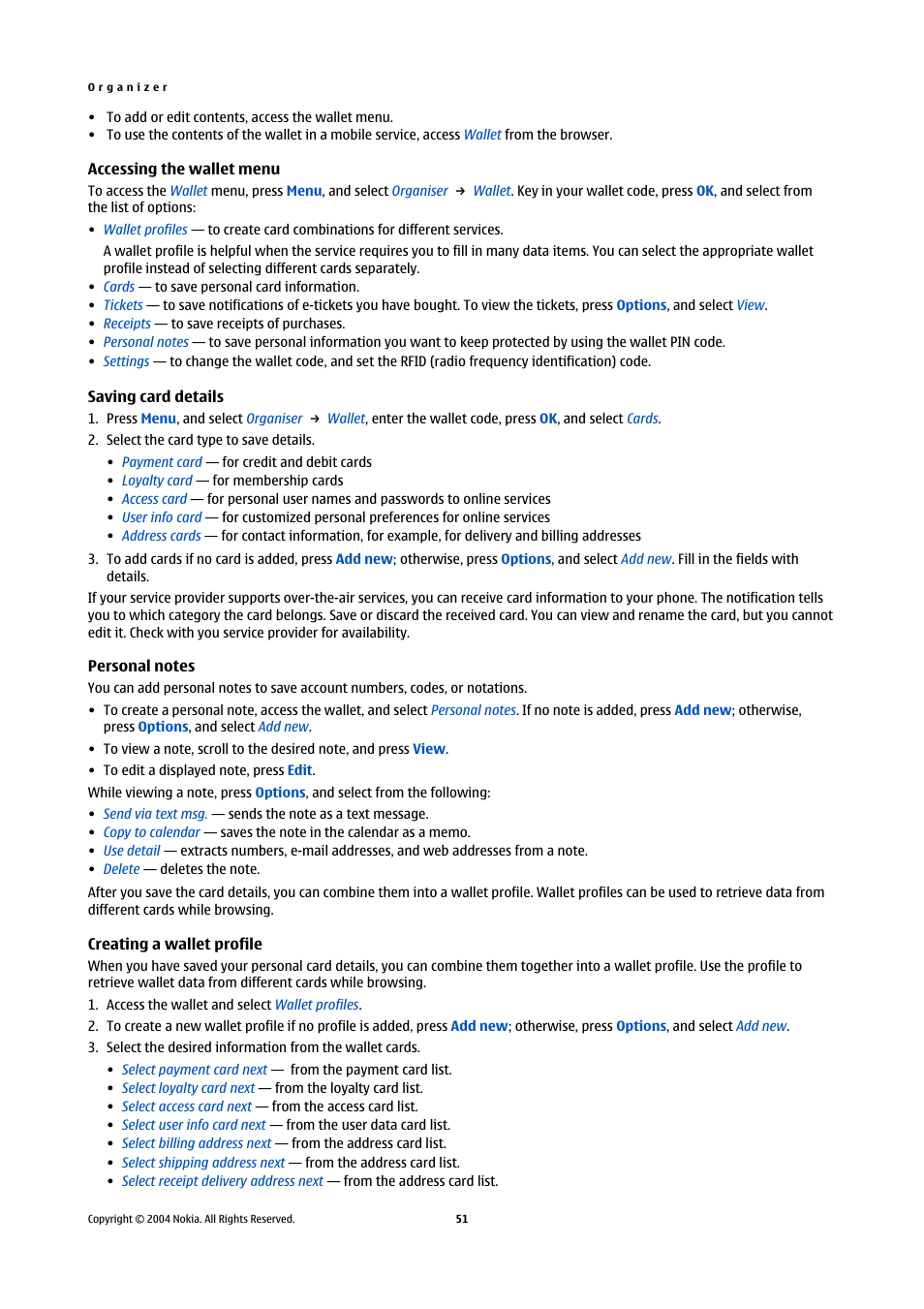 Accessing the wallet menu, Saving card details, Personal notes | Creating a wallet profile | Nokia 5140 User Manual | Page 51 / 66