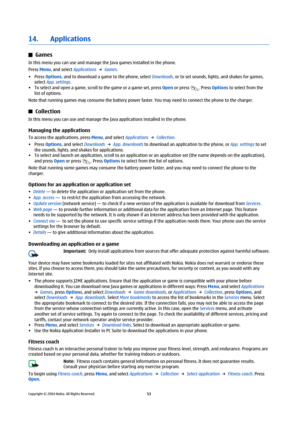 Applications, Games, Collection | Managing the applications, Options for an application or application set, Downloading an application or a game, Fitness coach, Games collection | Nokia 5140 User Manual | Page 53 / 66