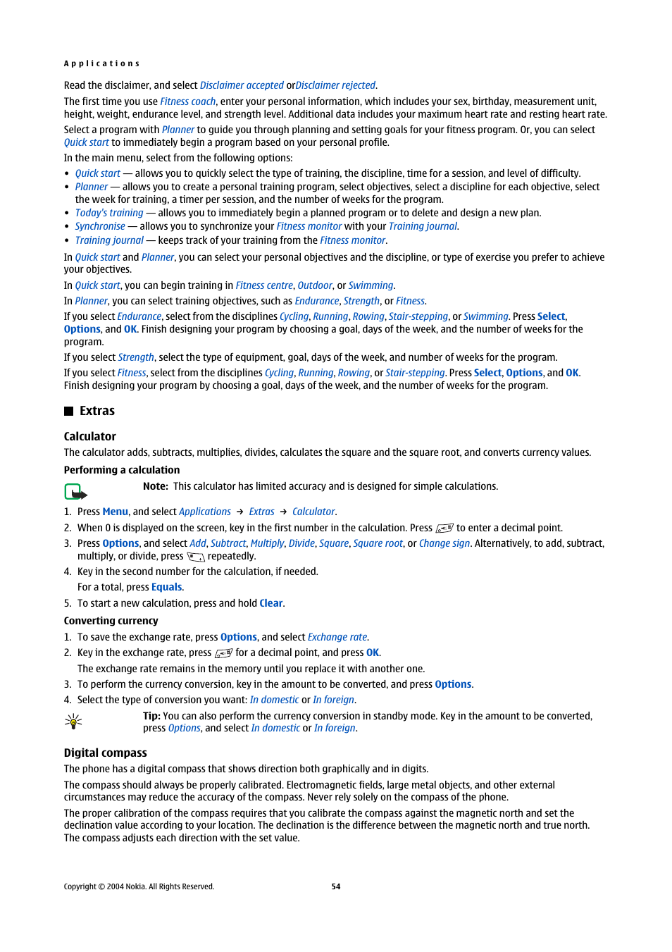 Extras, Calculator, Performing a calculation | Converting currency, Digital compass, Performing a calculation converting currency | Nokia 5140 User Manual | Page 54 / 66