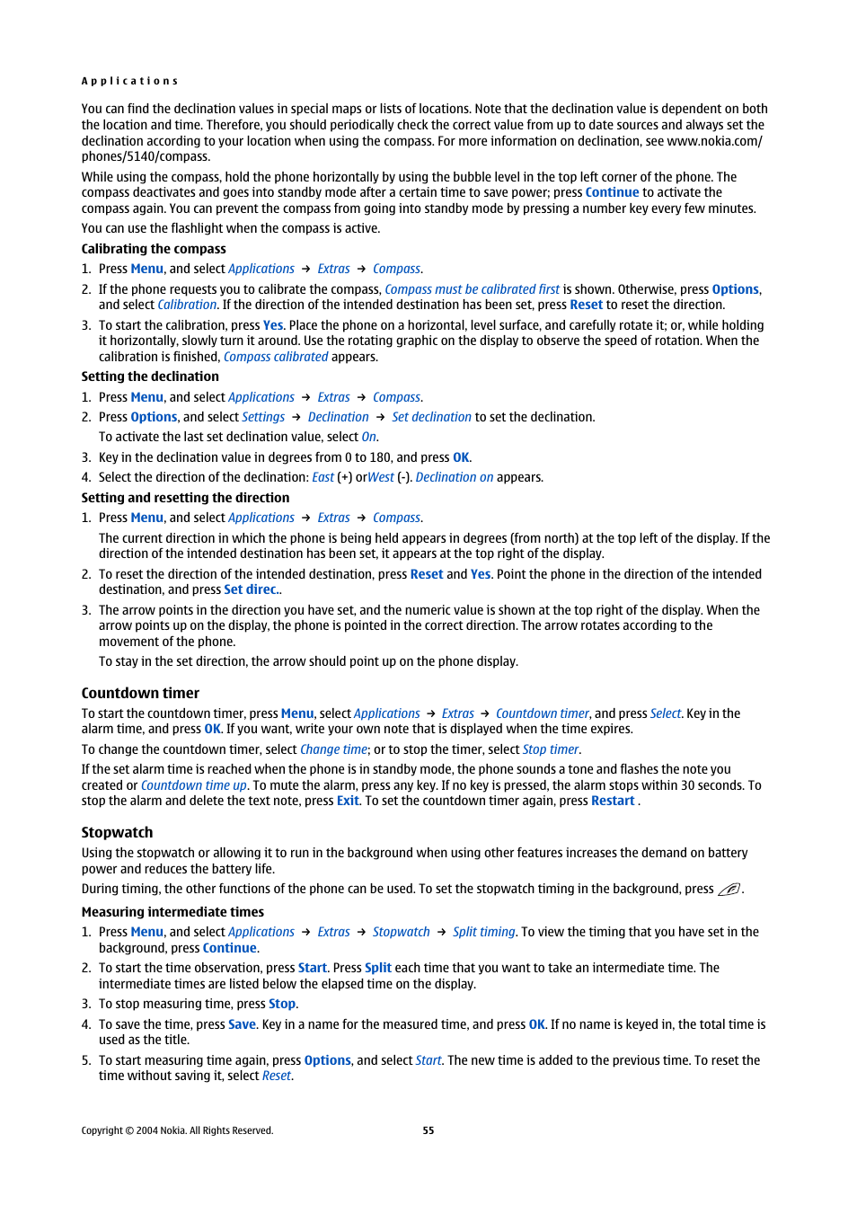 Countdown timer, Stopwatch, Measuring intermediate times | Countdown timer stopwatch | Nokia 5140 User Manual | Page 55 / 66