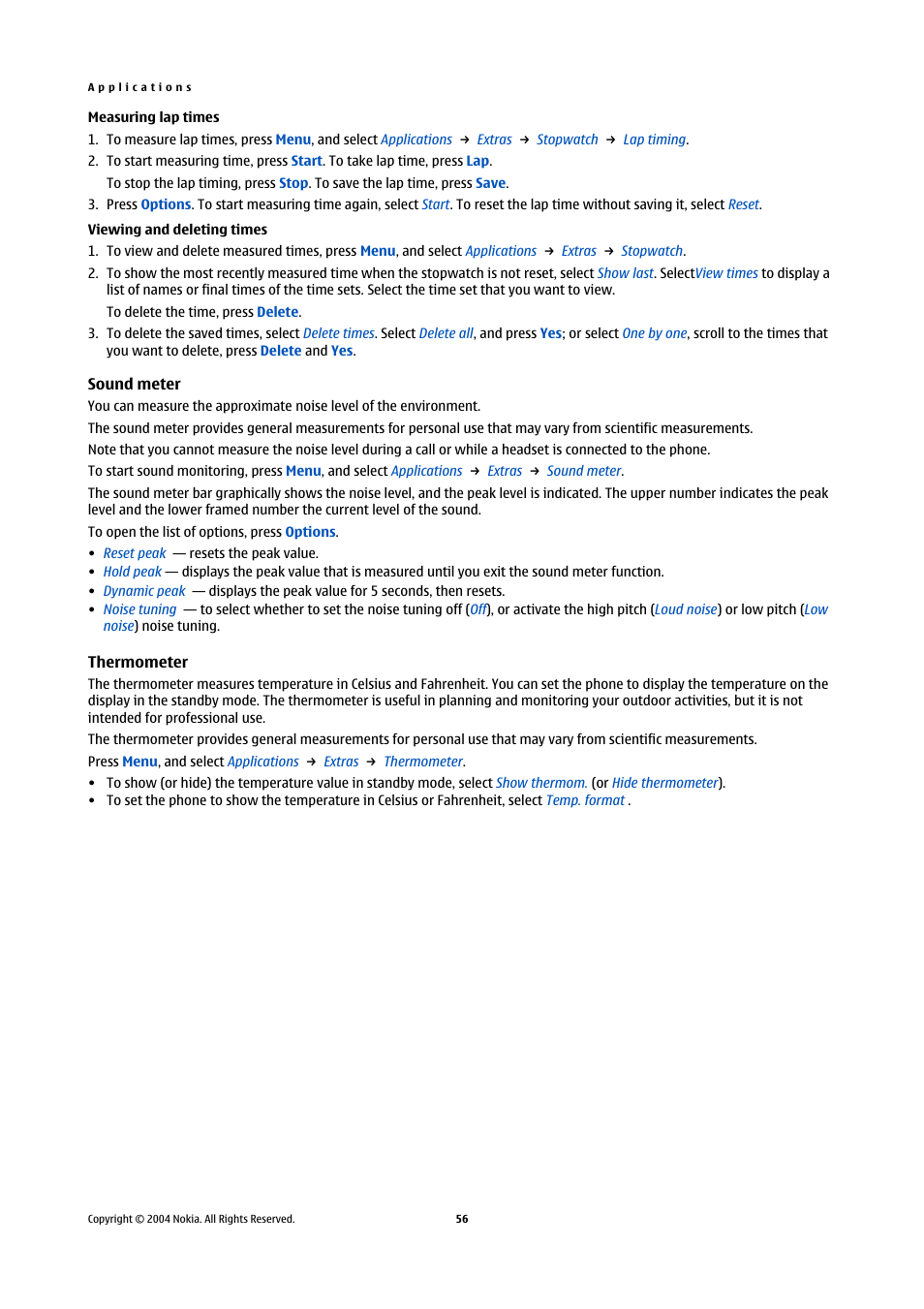 Measuring lap times, Viewing and deleting times, Sound meter | Thermometer, Measuring lap times viewing and deleting times, Sound meter thermometer | Nokia 5140 User Manual | Page 56 / 66