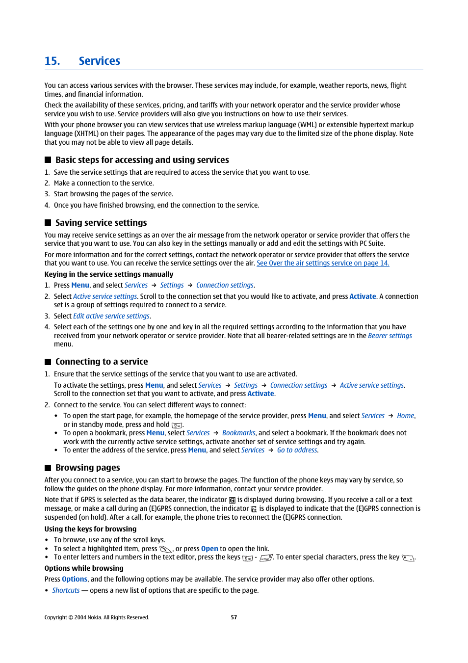 Services, Basic steps for accessing and using services, Saving service settings | Connecting to a service, Setting | Nokia 5140 User Manual | Page 57 / 66