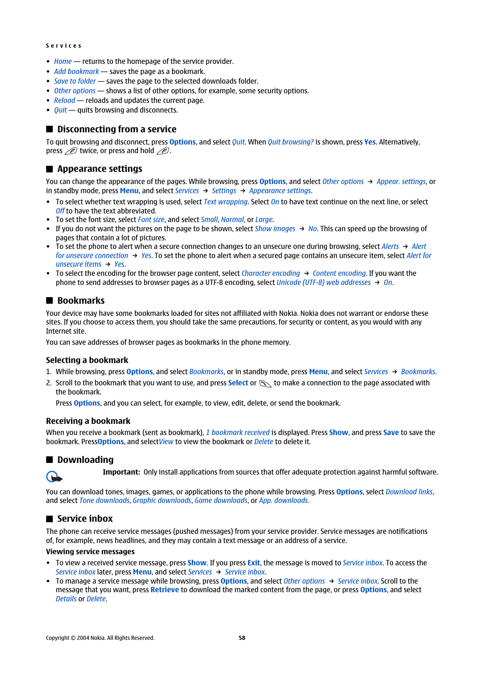 Disconnecting from a service, Appearance settings, Bookmarks | Selecting a bookmark, Receiving a bookmark, Downloading, Service inbox, Selecting a bookmark receiving a bookmark, Downloading service inbox, Menu | Nokia 5140 User Manual | Page 58 / 66