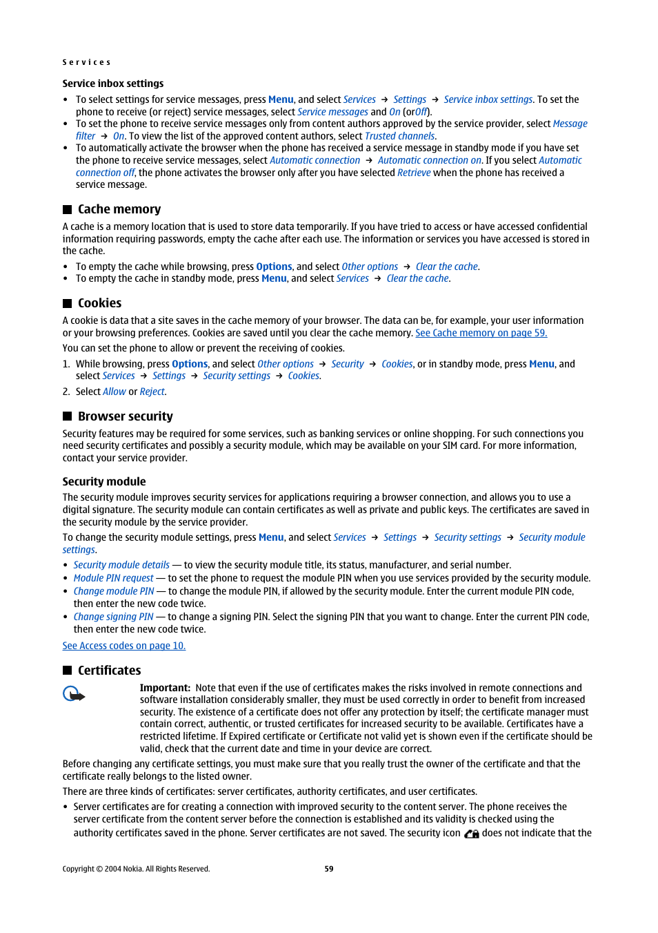 Cache memory, Cookies, Browser security | Security module, Certificates, Cache memory cookies browser security | Nokia 5140 User Manual | Page 59 / 66