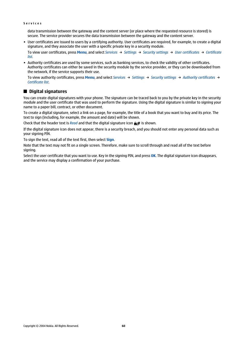 Digital signatures | Nokia 5140 User Manual | Page 60 / 66