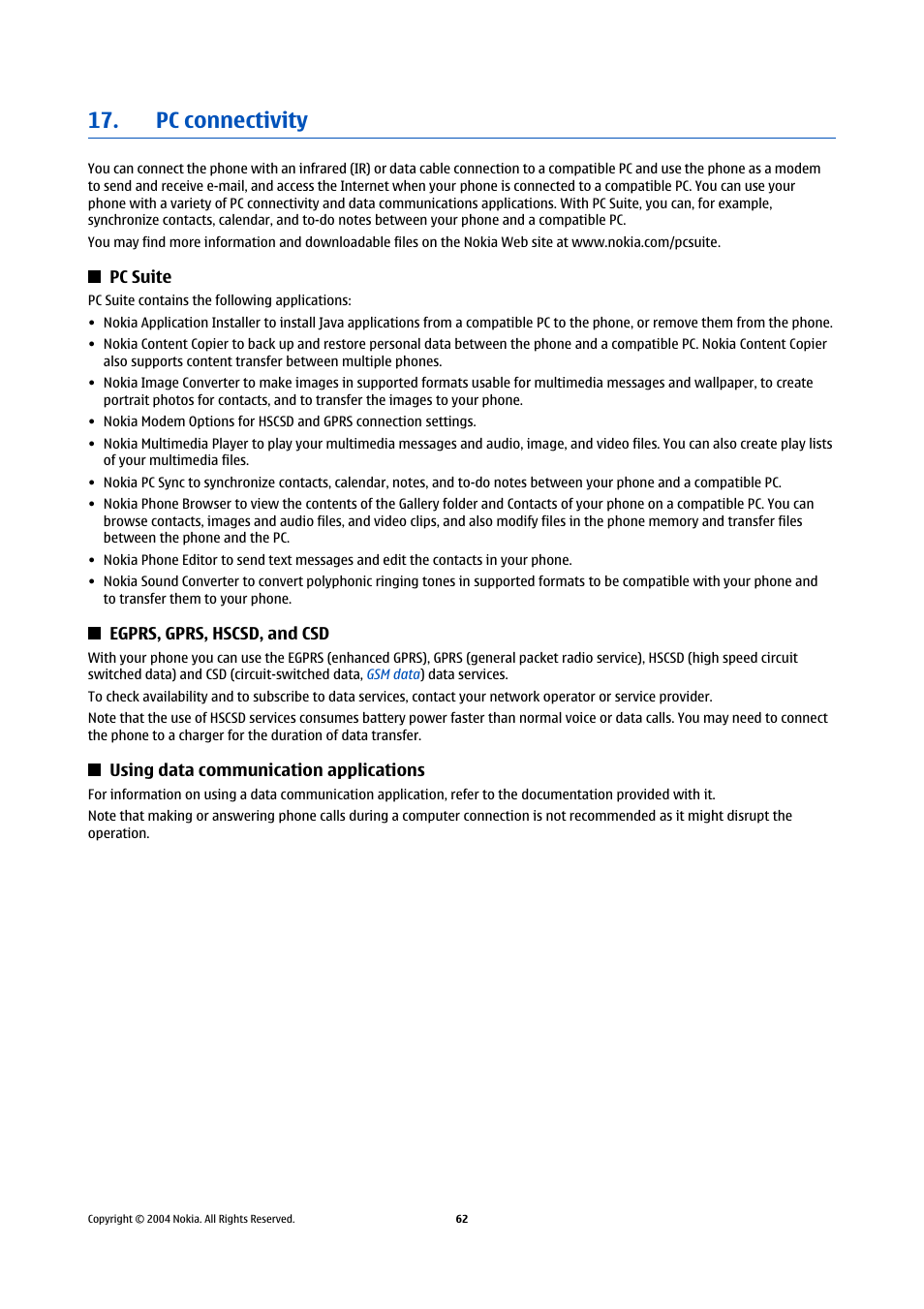 Pc connectivity, Pc suite, Egprs, gprs, hscsd, and csd | Using data communication applications | Nokia 5140 User Manual | Page 62 / 66