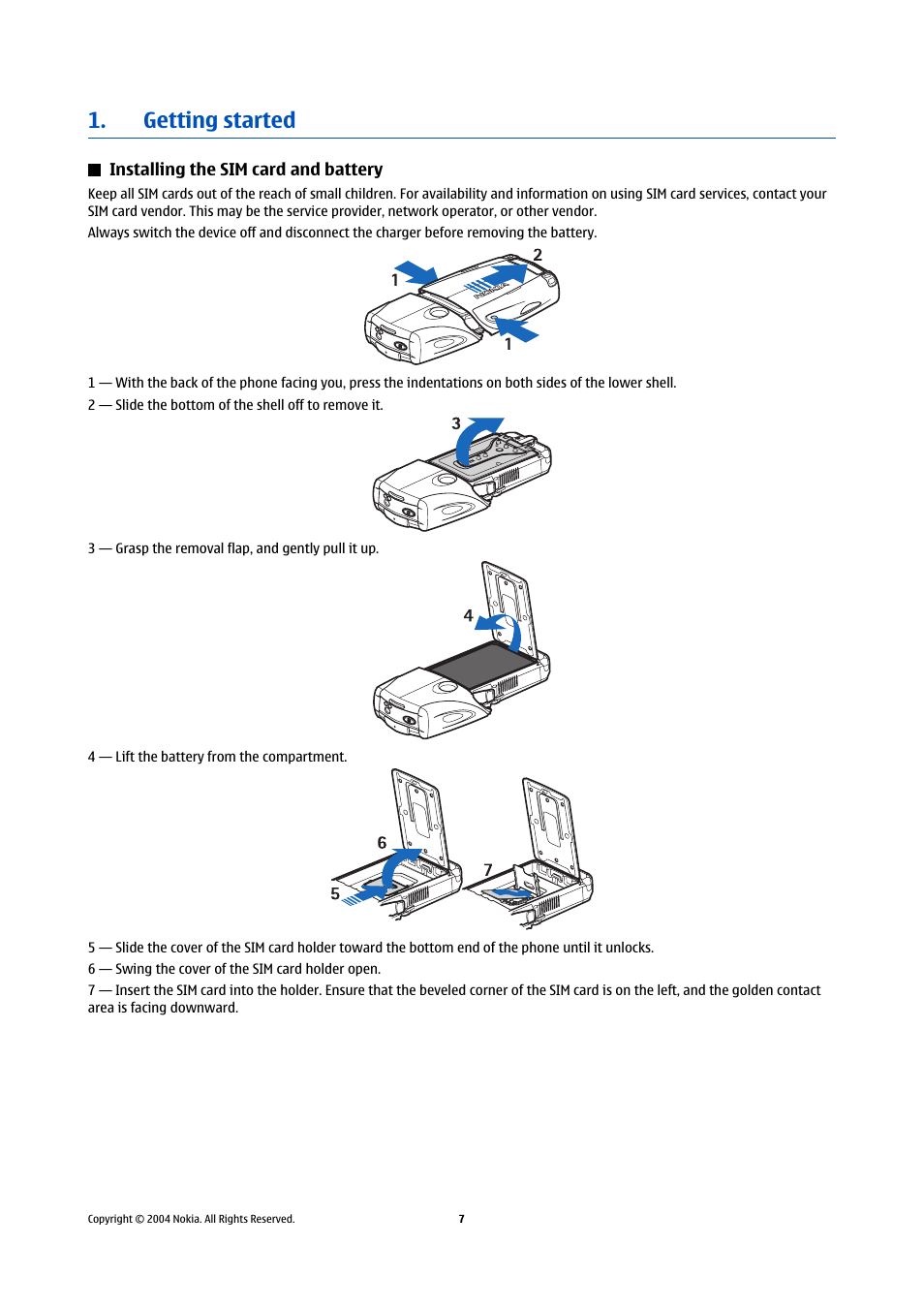 Getting started, Installing the sim card and battery | Nokia 5140 User Manual | Page 7 / 66