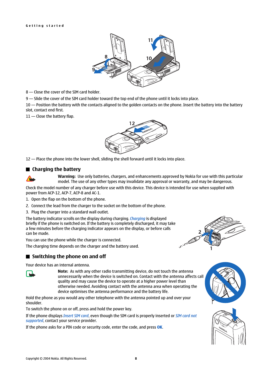 Charging the battery, Switching the phone on and off | Nokia 5140 User Manual | Page 8 / 66