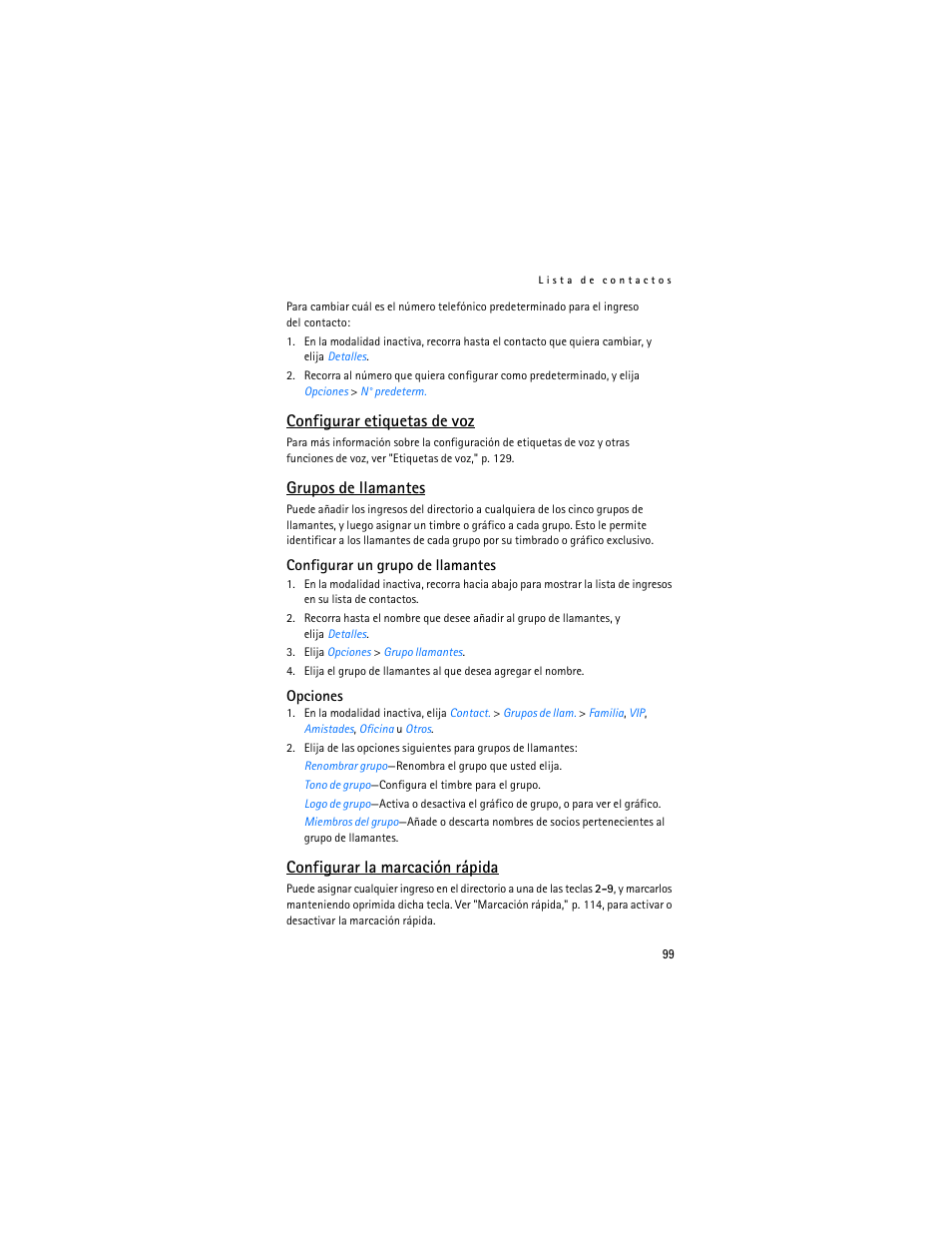 Configurar etiquetas de voz, Grupos de llamantes, Configurar la marcación rápida | Nokia 2126 User Manual | Page 100 / 153