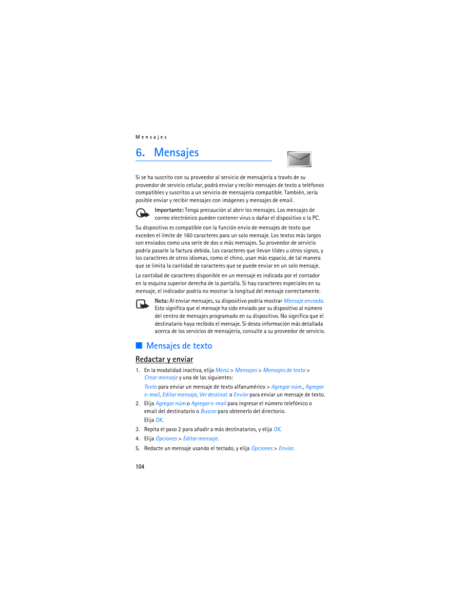 Mensajes, Mensajes de texto, Redactar y enviar | Nokia 2126 User Manual | Page 105 / 153