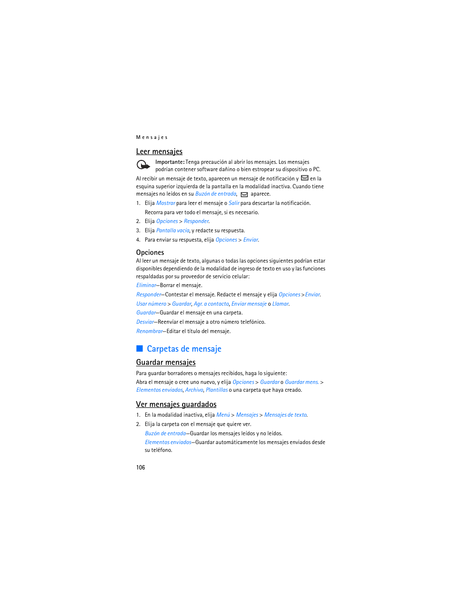 Carpetas de mensaje, Leer mensajes, Guardar mensajes | Ver mensajes guardados | Nokia 2126 User Manual | Page 107 / 153