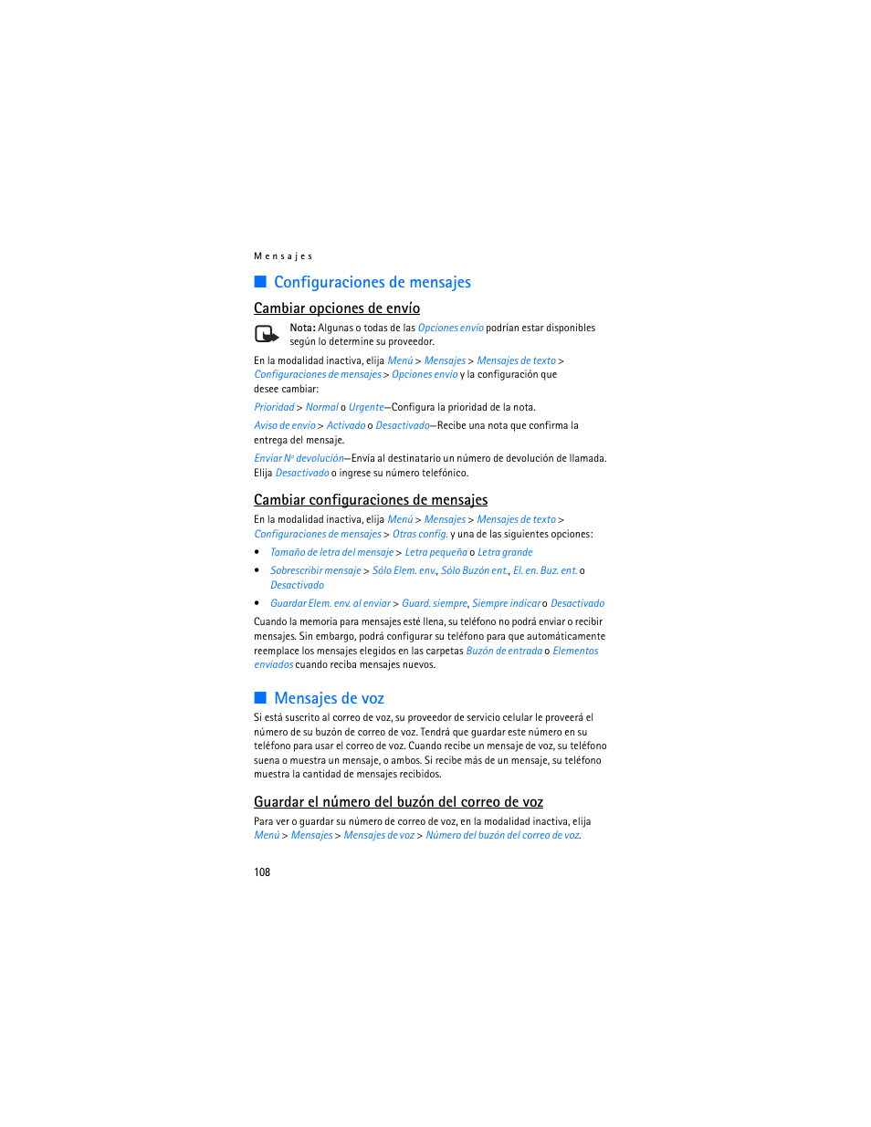 Mensajes de voz, Configuraciones de mensajes, Cambiar opciones de envío | Cambiar configuraciones de mensajes, Guardar el número del buzón del correo de voz | Nokia 2126 User Manual | Page 109 / 153