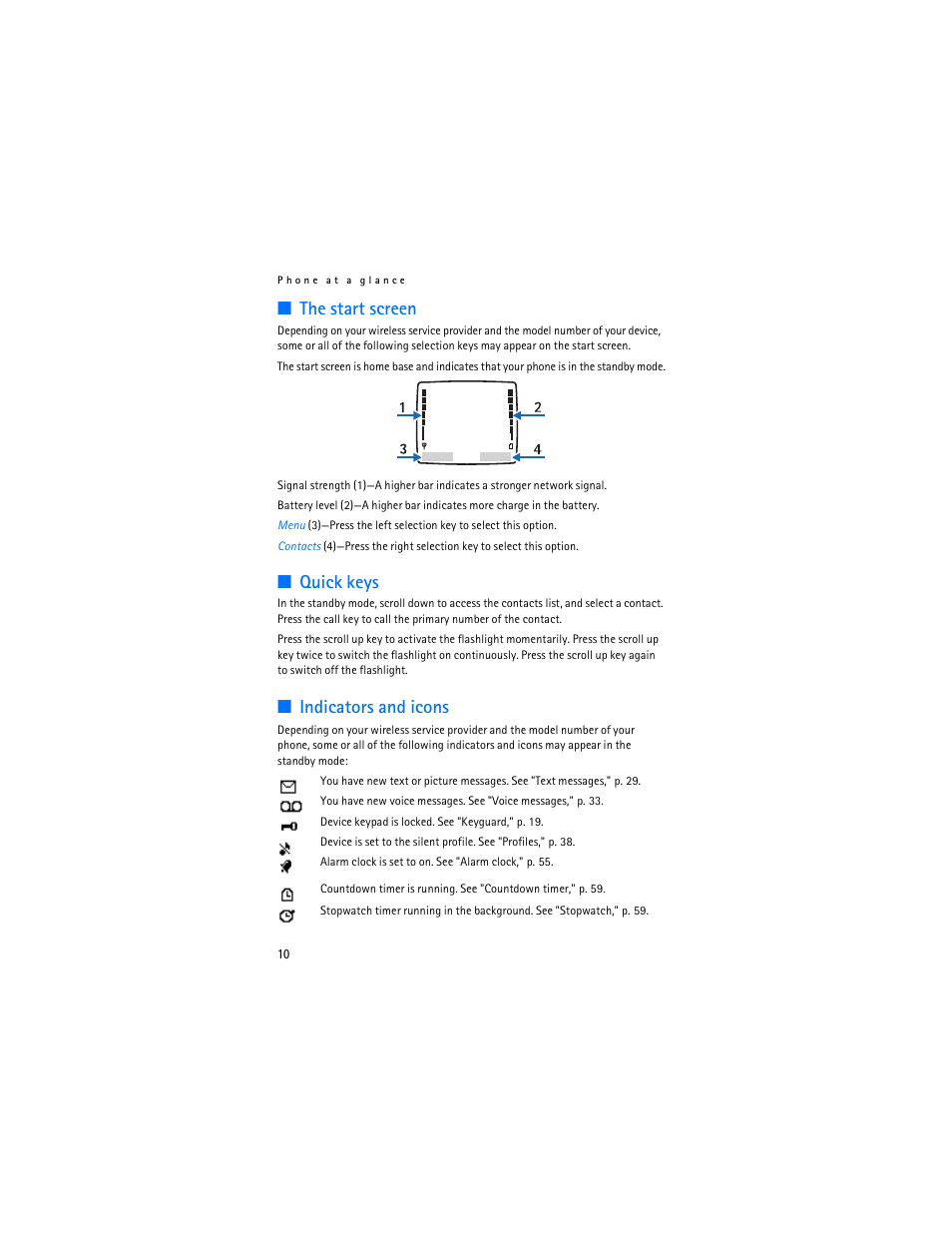 The start screen, Quick keys, Indicators and icons | Nokia 2126 User Manual | Page 11 / 153