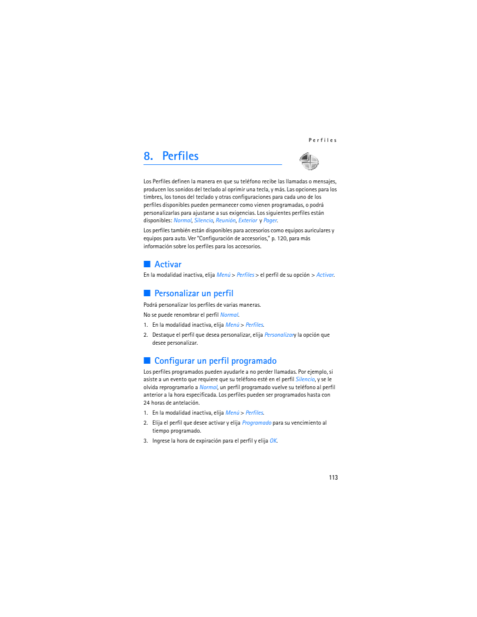 Perfiles, R "perfiles, Activar | Personalizar un perfil, Configurar un perfil programado | Nokia 2126 User Manual | Page 114 / 153