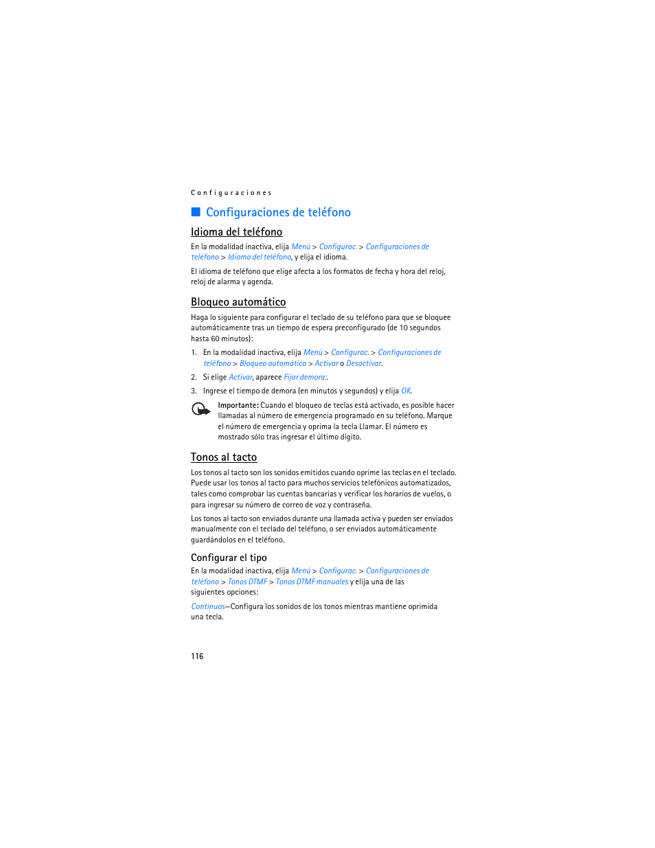 Configuraciones de teléfono, Idioma del teléfono, Bloqueo automático | Tonos al tacto | Nokia 2126 User Manual | Page 117 / 153