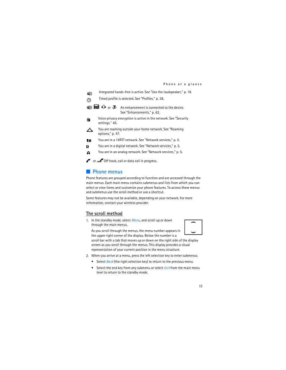 Phone menus, The scroll method | Nokia 2126 User Manual | Page 12 / 153