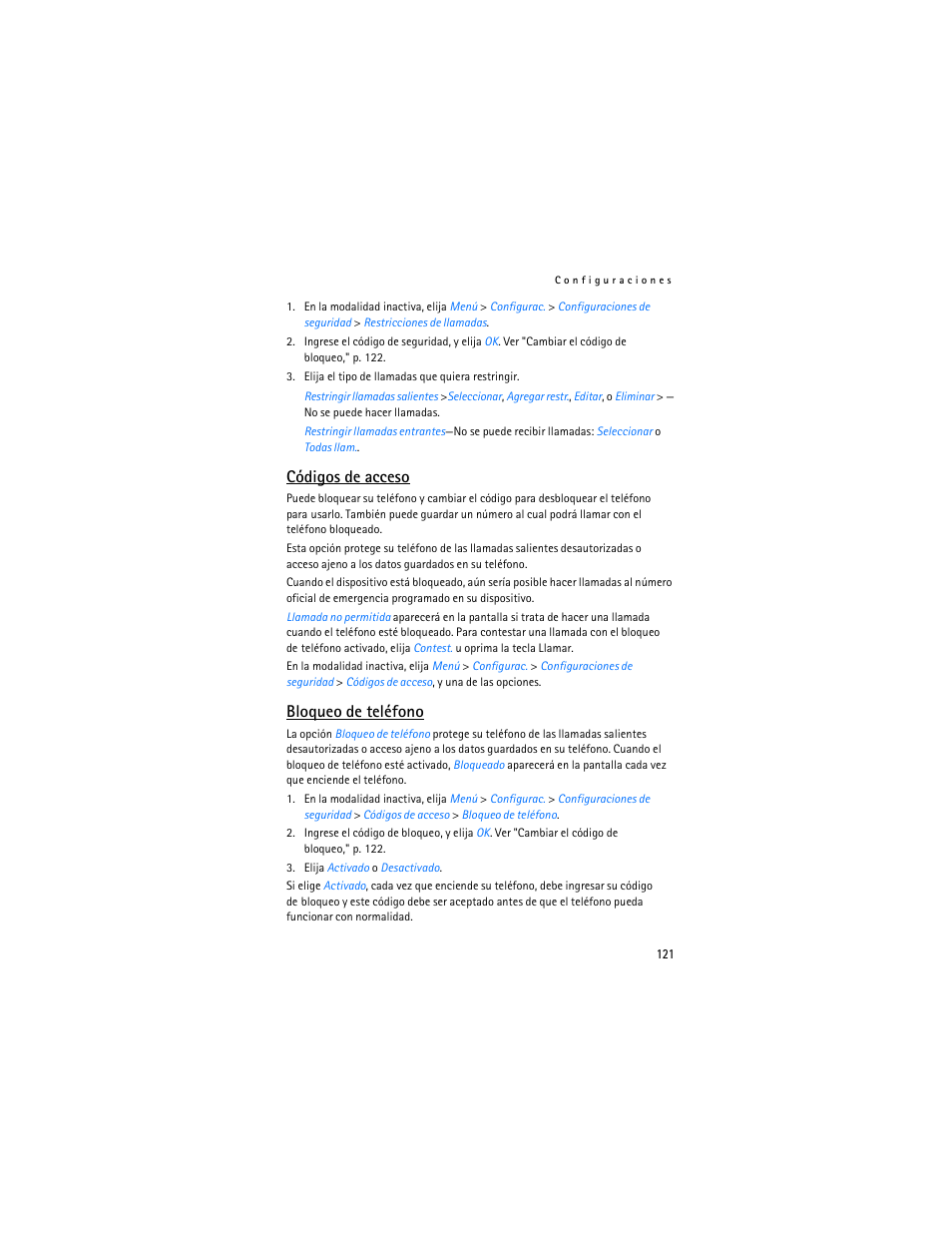 Códigos de acceso, Bloqueo de teléfono | Nokia 2126 User Manual | Page 122 / 153