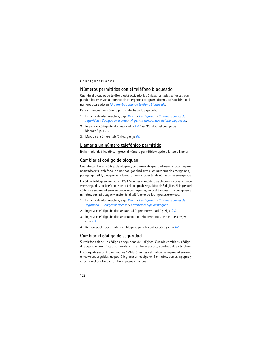 Cambiar el código de, Bloqueo, R "cambiar el código de | Números permitidos con el teléfono bloqueado, Llamar a un número telefónico permitido, Cambiar el código de bloqueo, Cambiar el código de seguridad | Nokia 2126 User Manual | Page 123 / 153