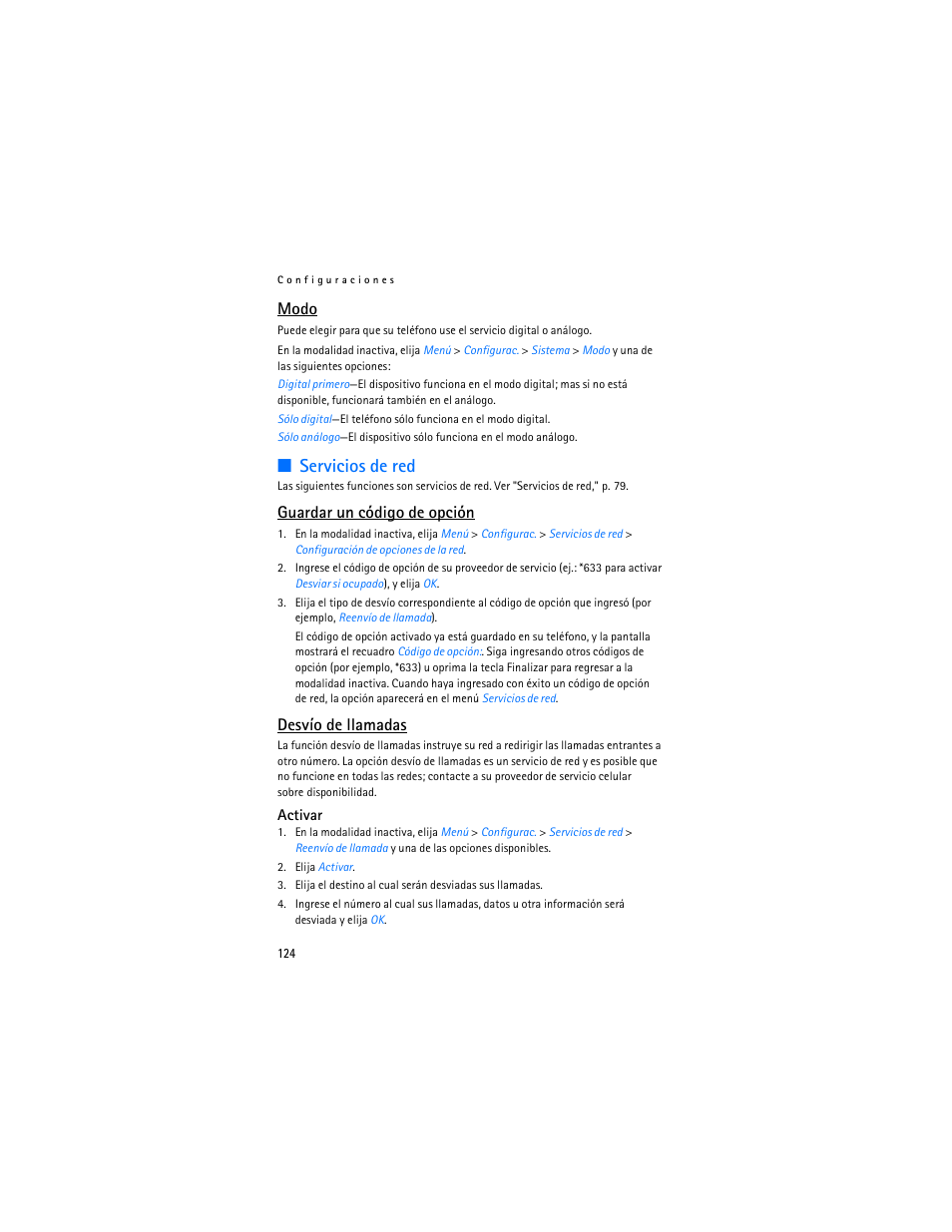 Servicios de red, Modo, Guardar un código de opción | Desvío de llamadas | Nokia 2126 User Manual | Page 125 / 153