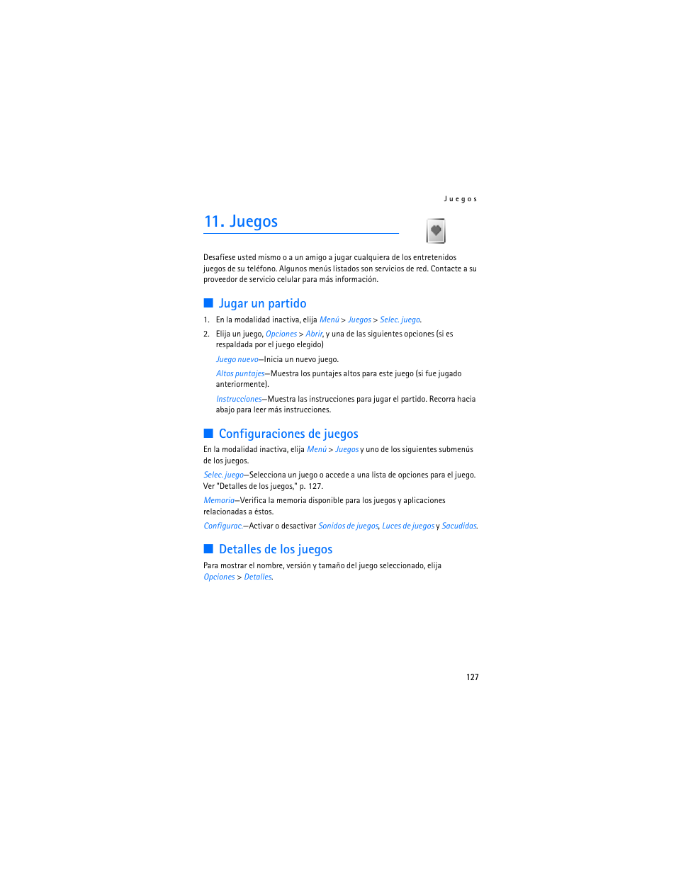 Juegos, Jugar un partido, Configuraciones de juegos | Detalles de los juegos | Nokia 2126 User Manual | Page 128 / 153