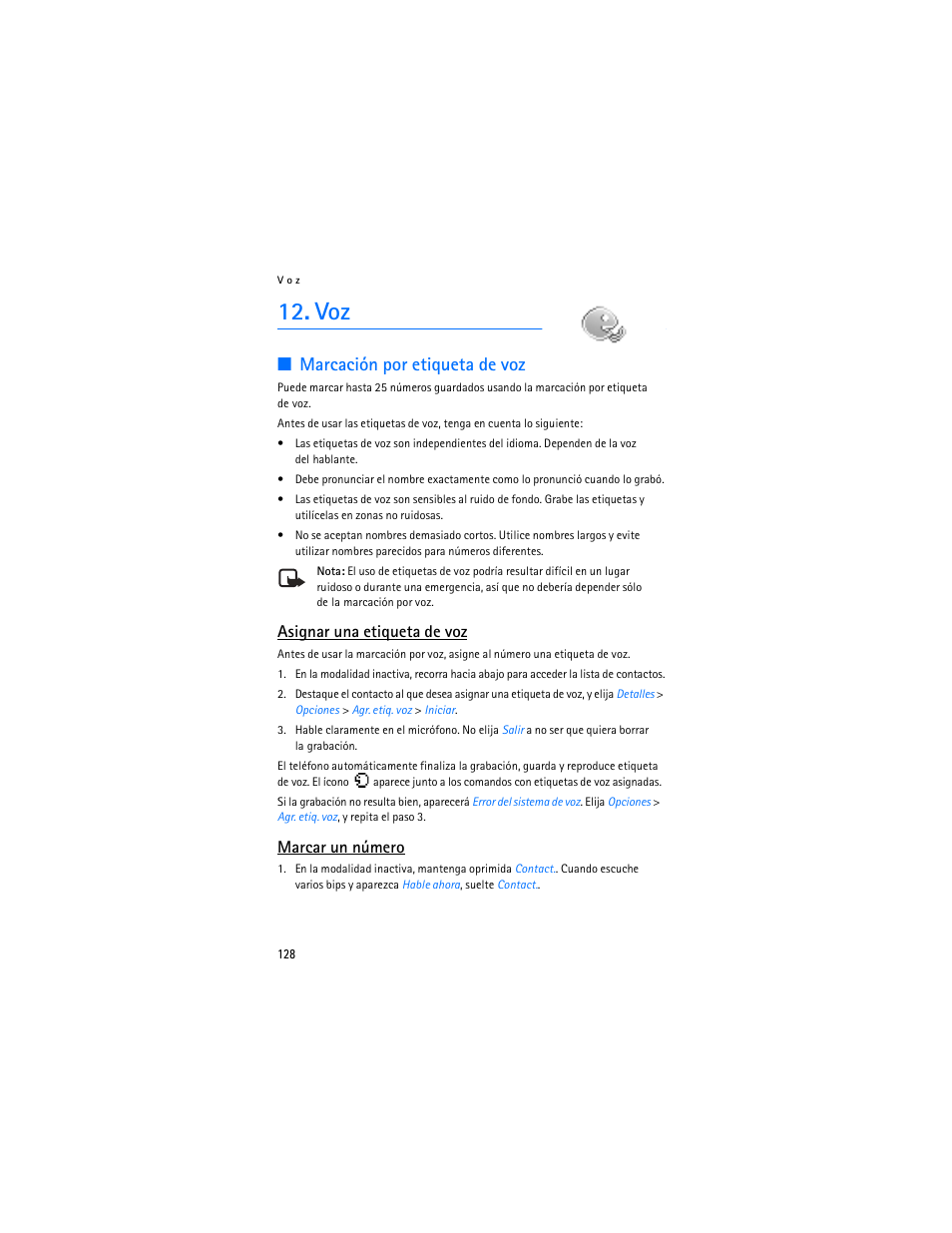 Marcación por etiqueta de voz, Asignar una etiqueta de voz, Marcar un número | Nokia 2126 User Manual | Page 129 / 153