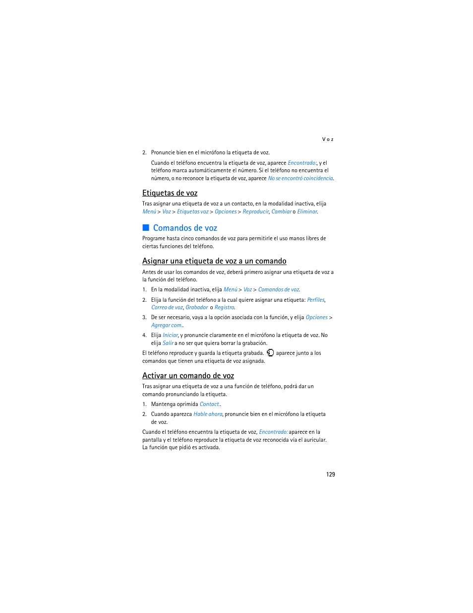 R "etiquetas de voz, Comandos de voz, Etiquetas de voz | Asignar una etiqueta de voz a un comando, Activar un comando de voz | Nokia 2126 User Manual | Page 130 / 153