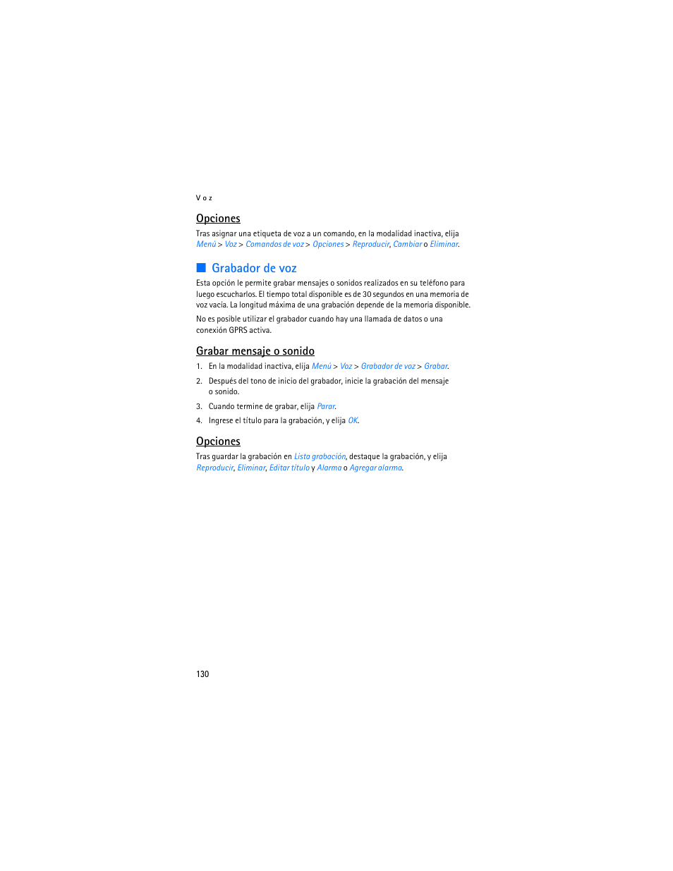 Grabador de voz, Opciones, Grabar mensaje o sonido | Nokia 2126 User Manual | Page 131 / 153