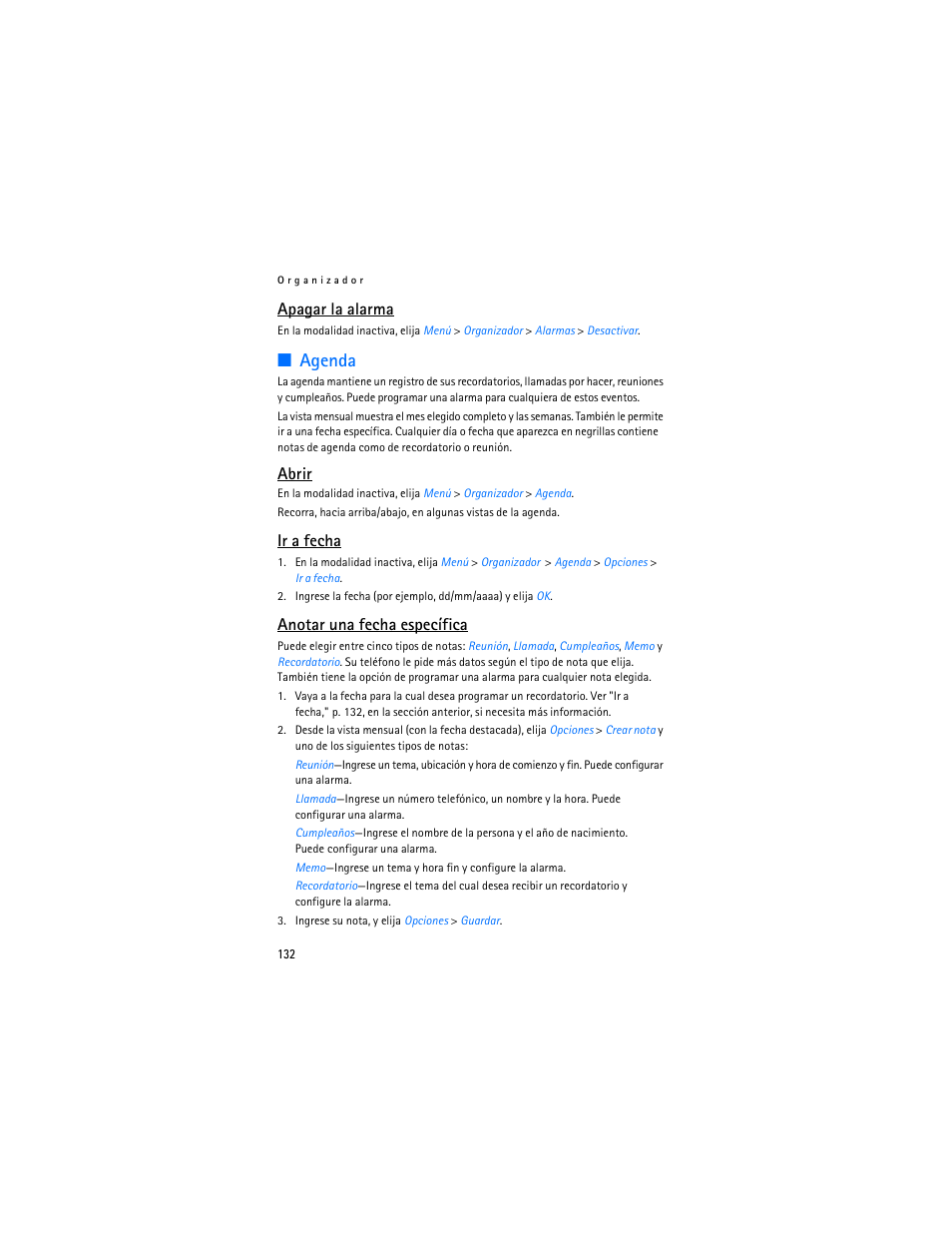 Agenda, Apagar la alarma, Abrir | Ir a fecha, Anotar una fecha específica | Nokia 2126 User Manual | Page 133 / 153