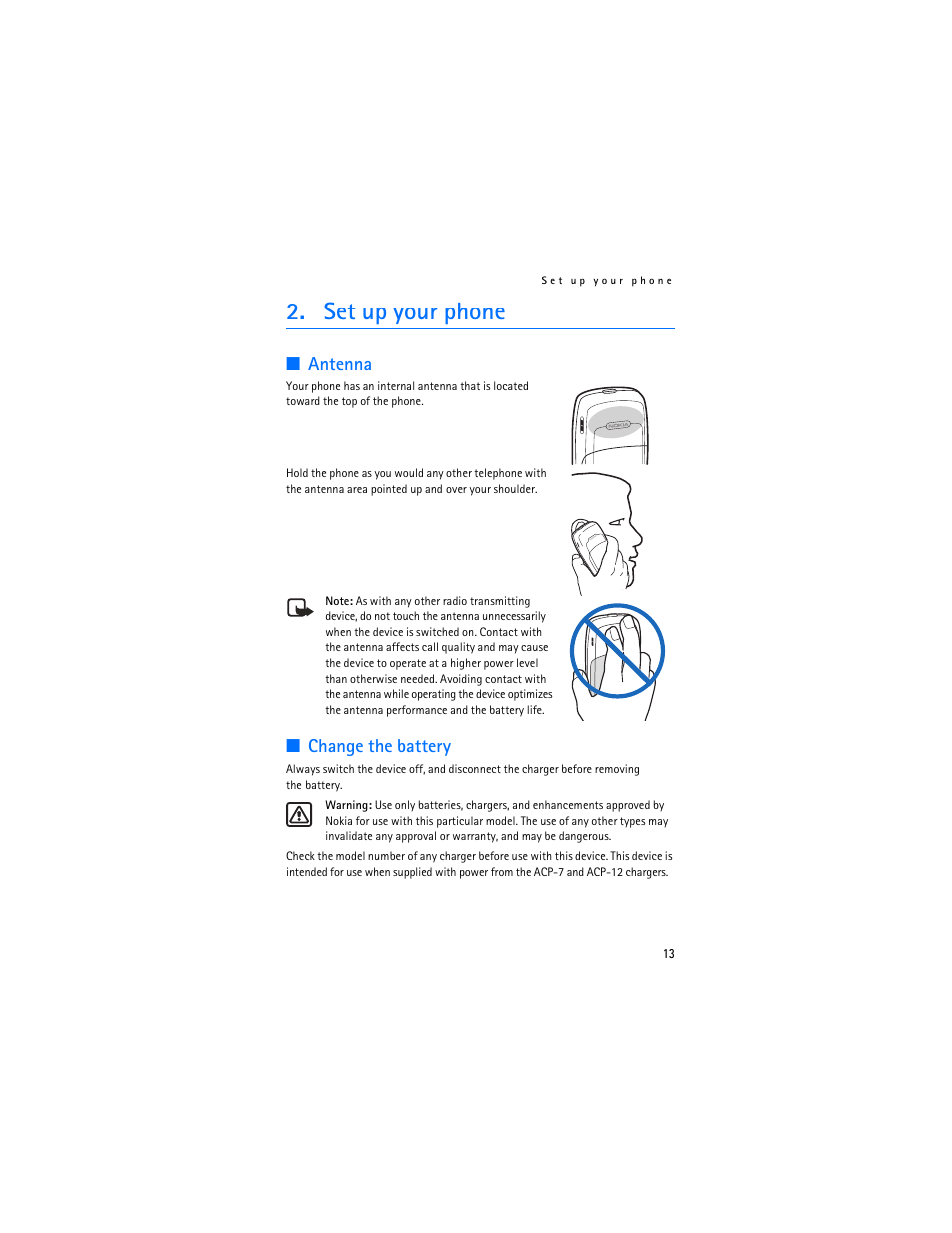 Set up your phone, Antenna, Change the battery | Nokia 2126 User Manual | Page 14 / 153